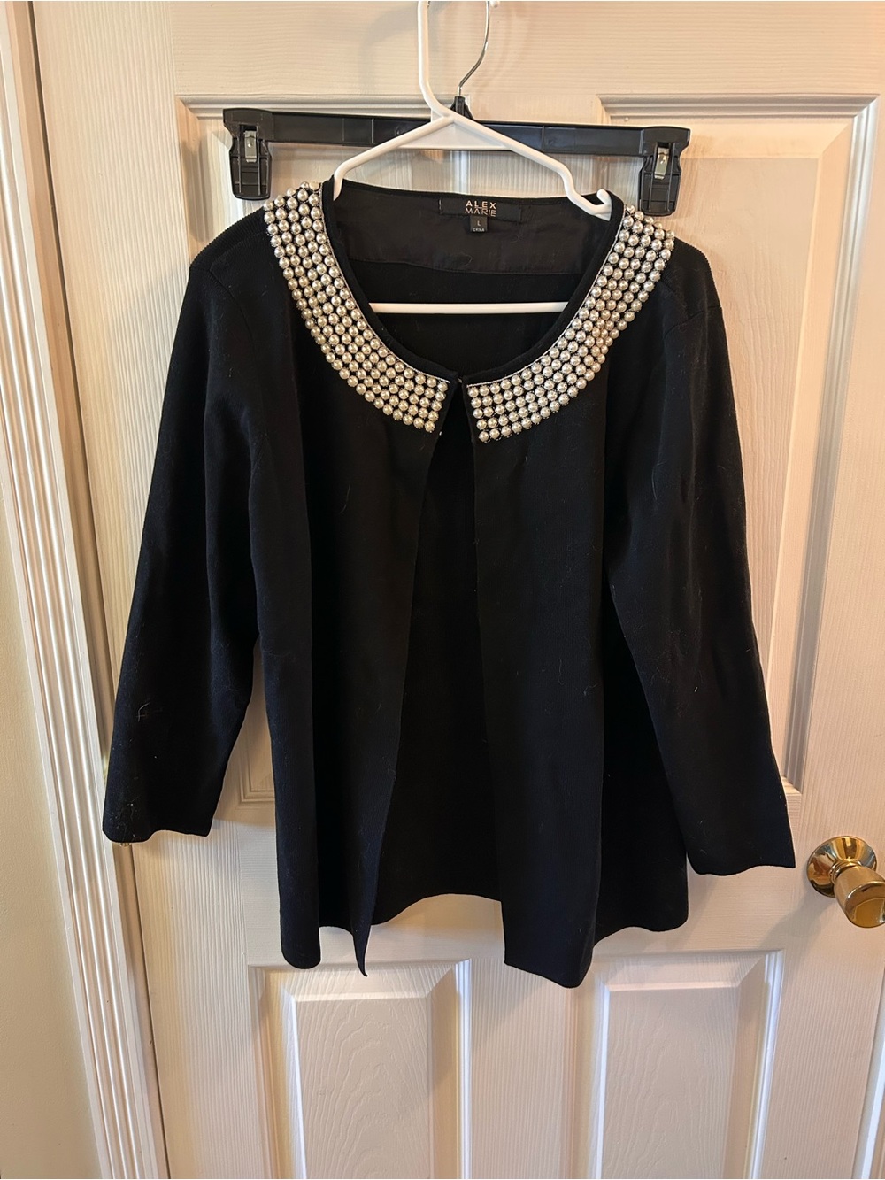 Alex Marie Black Cardigan Sweater with Pearl-Embellished Collar